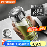 苏泊尔（SUPOR）玻璃杯茶水分离男士水杯双层高硼硅玻璃耐高温大容量泡茶杯子礼物 行砚黑500mL