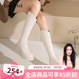 达芙妮厚底V口长筒靴女2024秋冬新款女靴高筒靴显瘦百搭增高骑士靴子女 米白色 37