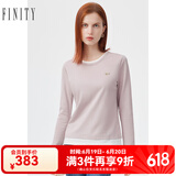 菲妮迪品牌T恤春秋季新款简约圆领纯色气质套头长袖上衣女 粉色 S