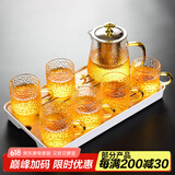 瓷牌茗茶具（cipaiming teaset） 透明玻璃茶具整套套装家用功夫茶壶茶杯会客泡茶器 金盖雅致锤纹杯7件套+小长方盘