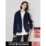 初语双面绒复古休闲外套女2024秋冬新款撞色减龄保暖宽松连帽开衫 藏青色 S