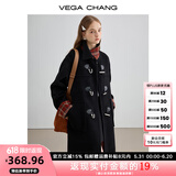 VEGA CHANG黑色毛呢子大衣女2024秋冬新款格纹中长款大衣 锆石黑 S