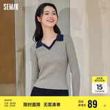 森马毛衣女短款修身显瘦简约春秋撞色polo领毛衫复古109524107003