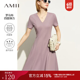 AMII法式复古a字连衣裙女夏季新款赫本风显瘦V领修身裙子 灰紫 165/88A/L