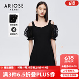 艾诺丝雅诗【商场同款】夏新珍珠网纱泡泡袖短袖小清新小黑裙连衣裙10429006 黑色 S