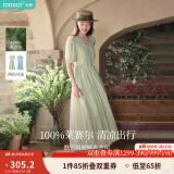 茵曼（INMAN）法式薄荷曼波连衣裙2024夏女装新品V领灯笼袖抽绳 水沫绿 M