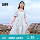 森马连衣裙女温柔系木耳边方领夏季泡泡袖娃娃裙甜美107424114030