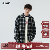 BJHG不计后果春季刺绣撞色复古格子衬衫男潮牌新款港风宽松衬衣外套女 白蓝格纹 L