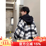 POUM小香风黑白格子男士春季外套男女同款假两件上衣服连帽夹克男装 XKFS-J327黑格 XL 【身高175-180体重130-145】