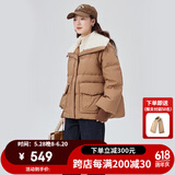 艾莱依（ERAL）翻领羽绒服女新款仿羊羔毛领短款抽绳收腰鸭绒外套冬上衣 奶咖棕 S 155【建议80-110斤】