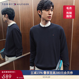 TOMMY HILFIGER【柔软亲肤】秋冬季男女纯棉休闲通勤纯色圆领内搭打底针织衫毛衣 【纯色绣标毛衣】- 午夜蓝FAP XL （推荐：165-180斤）