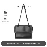 INJOYLIFE流浪包小众软皮通勤包机车大容量单肩包双链条女包牛皮方包 黑色