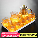 瓷牌茗茶具（cipaiming teaset） 透明玻璃茶具整套套装家用功夫茶壶茶杯会客泡茶器 金盖雅致锤纹杯8件套+小长方盘