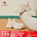 骆驼（CAMEL）老爹鞋女网布皮面拼接双系带厚底休闲鞋 L24S283079 杏色 35