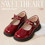 富罗迷女童皮鞋儿童公主鞋方口单鞋时尚儿童校园演出鞋 酒红  34 