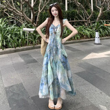 木清清法式超好看独特漂亮吊带连衣裙女夏甜美小众度假油画晕染雪纺长裙 绿色连衣裙 L