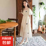 女童法式连衣裙夏季中大童蝴蝶结泡泡袖公主裙女孩洋气方领长裙子 米色连衣裙 【楠楠A136】 150