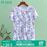AB女士纯棉印花睡衣中老年圆领短袖上衣  蓝叶 3XL