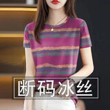 2025简约爆款短袖t恤女新款夏季时尚大码百搭印花遮肚T恤女上衣女 玫紫大条纹 2XL 120斤-134斤