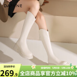 达芙妮厚底V口长筒靴女2024秋冬新款女靴高筒靴显瘦百搭增高骑士靴子女 米白色 37