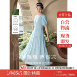 茵曼（INMAN）法式连衣裙女夏季显瘦遮肚灯笼袖抽绳收腰公主长裙子 绀蓝色 XL 