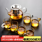 瓷牌茗茶具（cipaiming teaset） 透明玻璃茶具整套套装家用功夫茶壶茶杯会客泡茶器 透明把《八骏壶》6彩把杯