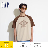 Gap男女装夏季撞色插肩袖logo圆领短袖T恤宽松上衣463174 卡其色 XL (180/100A)亚洲尺码