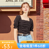 西遇复古方领针织短袖女2024年夏季新款褶皱高腰短款t恤女纯色小个子 黑色(D0300873) S