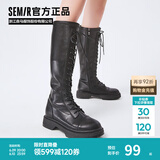 Semir官方正品时装靴女靴春秋季新款潮流休闲高帮系带机车靴长筒靴女 黑色 35