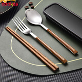 COOKSS筷子勺子叉子套装不锈钢便携餐具学生收纳盒叉子鸡翅木筷子四件套