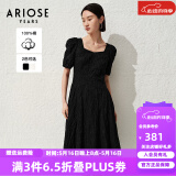 艾诺丝雅诗【商场同款】夏季新品通勤全棉提花方领泡泡袖连衣裙30529018 黑色 M