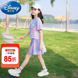 迪士尼（Disney）童装女童套装夏季2024新款中大童女孩夏装扎染纯棉短袖T恤半身裙 粉色（带安全裤） 150 建议身高140-150cm年龄11-12岁