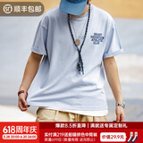 马登工装 美式休闲马卡龙短袖植绒字母印花情侣衫全棉纯色圆领t恤男夏 浅蓝色 L