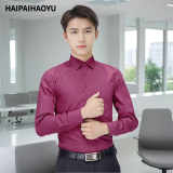 HAIPAIHAOYU长袖衬衫男士修身商务正装衬衣职业装纯色男装内搭婚礼质感白上衣 CS3012酒红色 M (165) 【推荐101-115斤】