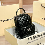 真皮菱格链条双肩包女2025新款时尚夏季小香风设计感小众旅游背包 黑色 专柜礼盒包装