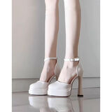 天丂新款小个子防水台高跟鞋女粗跟性感包头凉鞋厚底法式玛丽珍鞋婚鞋 厚底高跟鞋米色 9cm 36