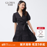 歌莉娅V领红色连衣裙女款冰氧吧收腰显瘦小个子泡泡袖A字裙子114R4K170 00B黑色 XS
