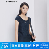S.DEER圣迪奥女装夏素雅简约镂空绣花斜摆短袖内搭白色T恤S192A0197 炭黑蓝/94 L/170