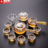 正扬玻璃功夫茶具套装家用锤纹花梨木双侧把泡茶壶耐热茶杯办公整套小 11头 锤侧金+6高碗+盖碗