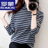 罗蒙（ROMON）100%纯棉高领毛衣女士秋冬条纹堆堆领上衣内搭加厚打底衫百搭女装 高档品牌灰色 2XL