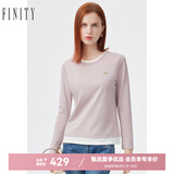 菲妮迪品牌T恤春秋季新款简约圆领纯色气质套头长袖上衣女 粉色 L
