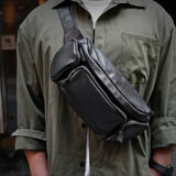 鹿师傅手工男士斜挎包头层牛皮真皮单肩胸包出差上班族休闲腰包机车包 植鞣黑