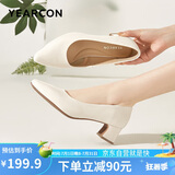 意尔康女鞋粗跟时装鞋浅口套脚高跟鞋工作气质女单鞋 26905W米白36
