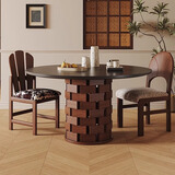 中古侘寂风黑色岩板圆桌吃饭桌子家用小户型餐台法式复古实木餐桌 1.2m 单桌