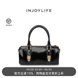 INJOYLIFE锁扣法棍包女新款复古手提小圆筒包通勤单肩斜挎包 黑色