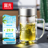富光双层玻璃杯商务泡茶杯子大容量耐热办公水杯过滤带把银色320ml