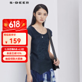 S.DEER圣迪奥女装夏素雅简约镂空绣花斜摆短袖内搭白色T恤S192A0197 炭黑蓝/94 M/165