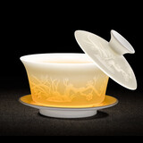 西多米盖碗茶杯羊脂玉白瓷凹雕三才盖碗泡茶功夫茶具德化茶碗教师节礼物