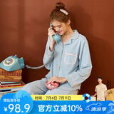 芬腾 睡衣女纯棉学生季简约纯色长袖长裤翻领全棉开衫家居服套装 浅兰 2XL