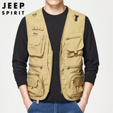 JEEP SPIRIT吉普马甲男春秋季户外钓鱼多口袋外套无袖背心上衣男装 卡其 M